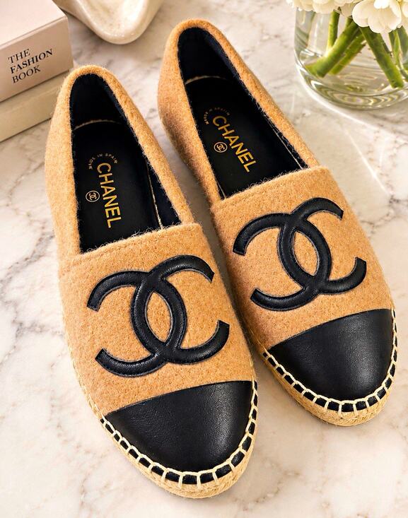 CHANEL Shoes - CHANEL Beige/Black Felt CC Logo leather Cap Toe Espadrille Flats Slip On US 8